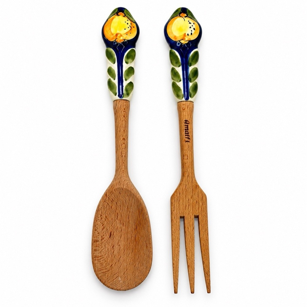 Amalfi Italy Wood Salad Servers Hand Painted Ceramic Lemon Spoon Fork Set